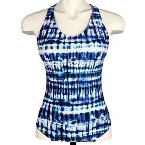 Speedo Women's Blue White Tie Dye Crossback Shelf Bra One Piece Swimsuit 6